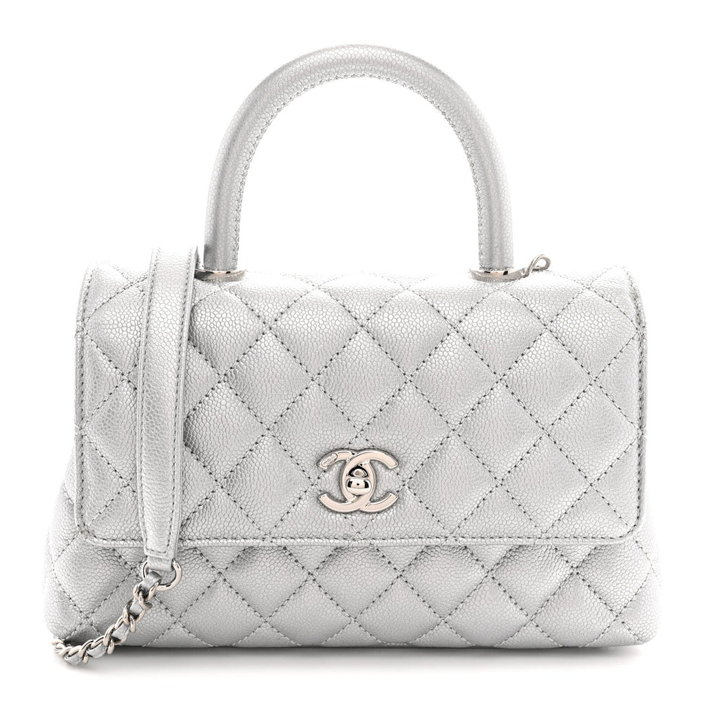 Metallic Caviar Quilted Mini Coco Handle Flap Silver