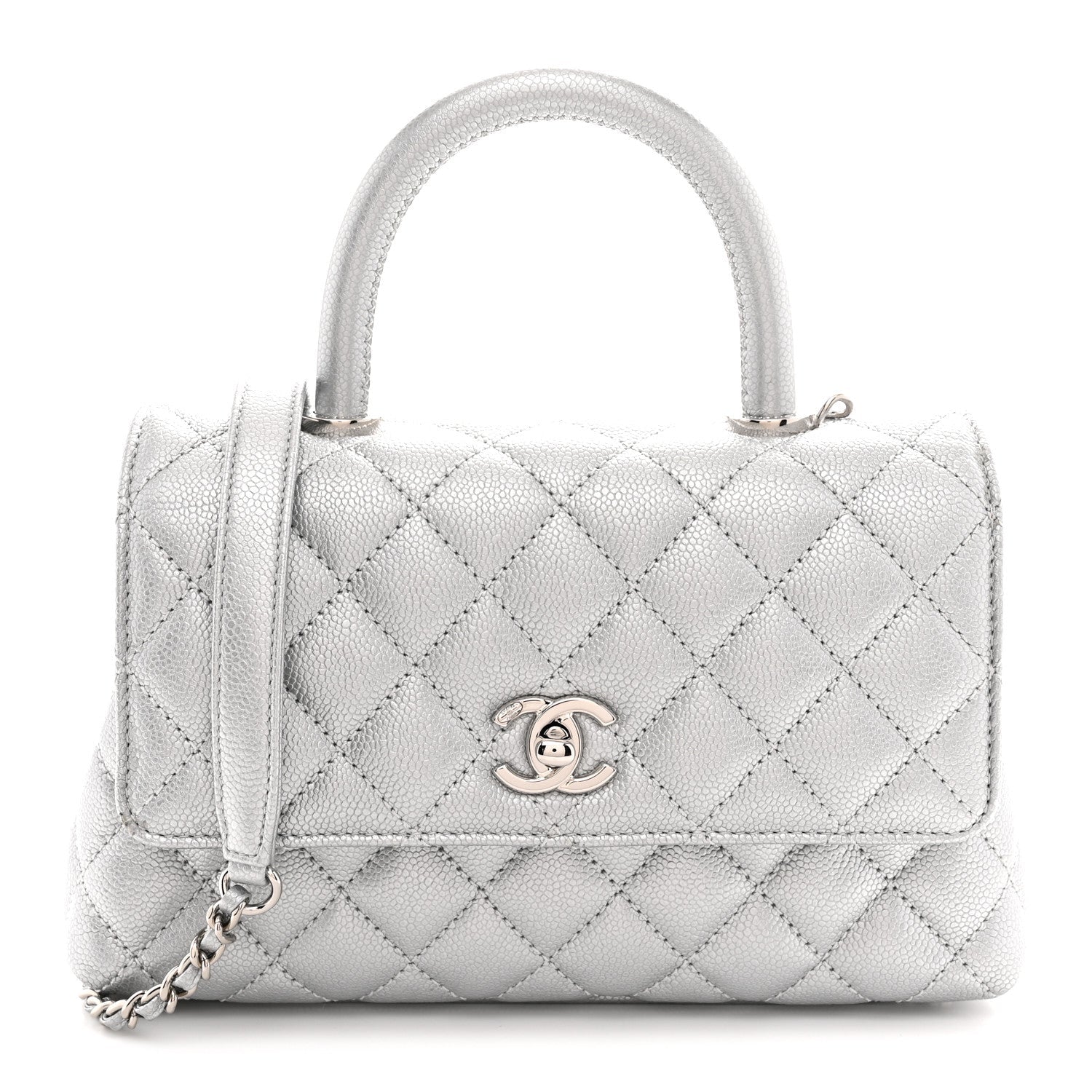 Metallic Caviar Quilted Mini Coco Handle Flap Silver