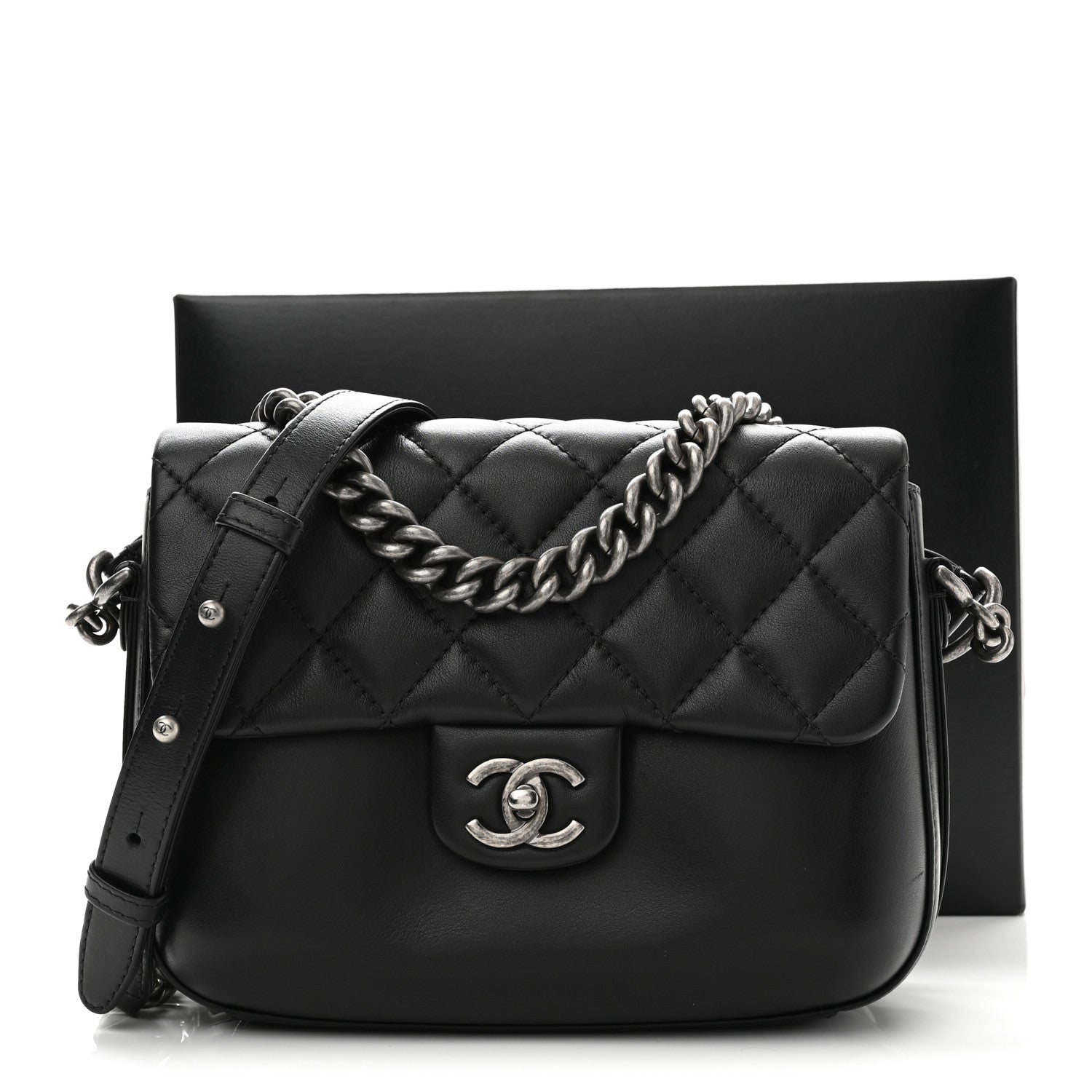 Calfskin Quilted Medium Rock My Shoulder Flap Black