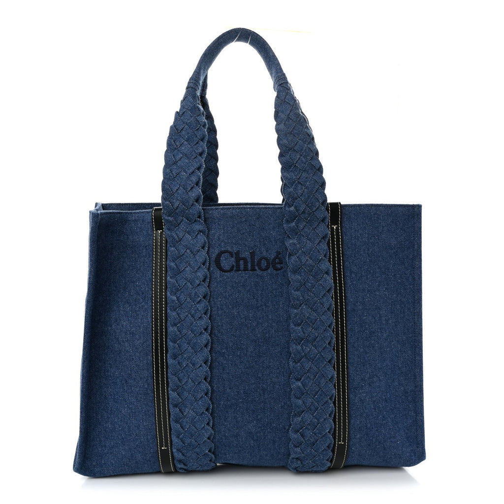 Denim Calfskin Large Braided Woody Ribbon Tote Blue