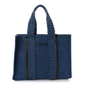 Denim Calfskin Large Braided Woody Ribbon Tote Blue
