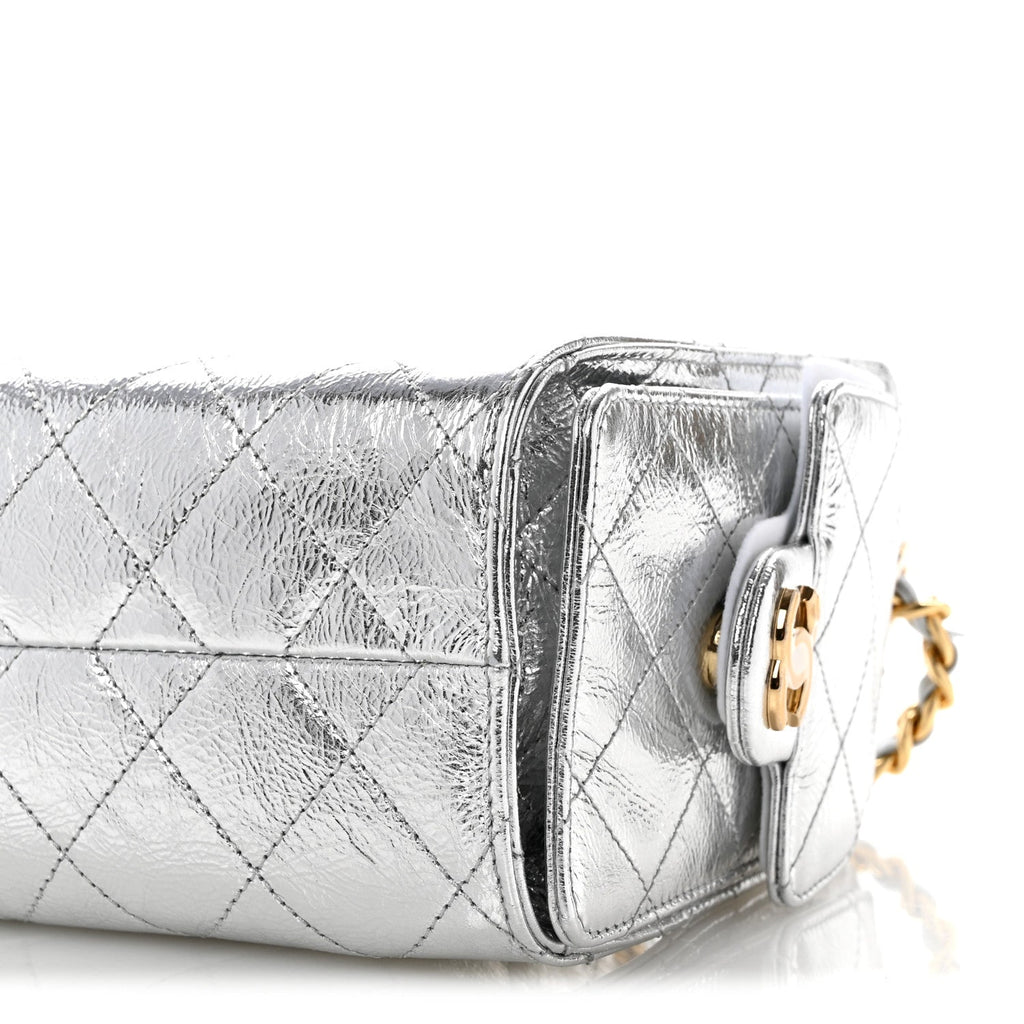 Metallic Aged Calfskin Quilted Mini Chanel 25 Handbag Silver