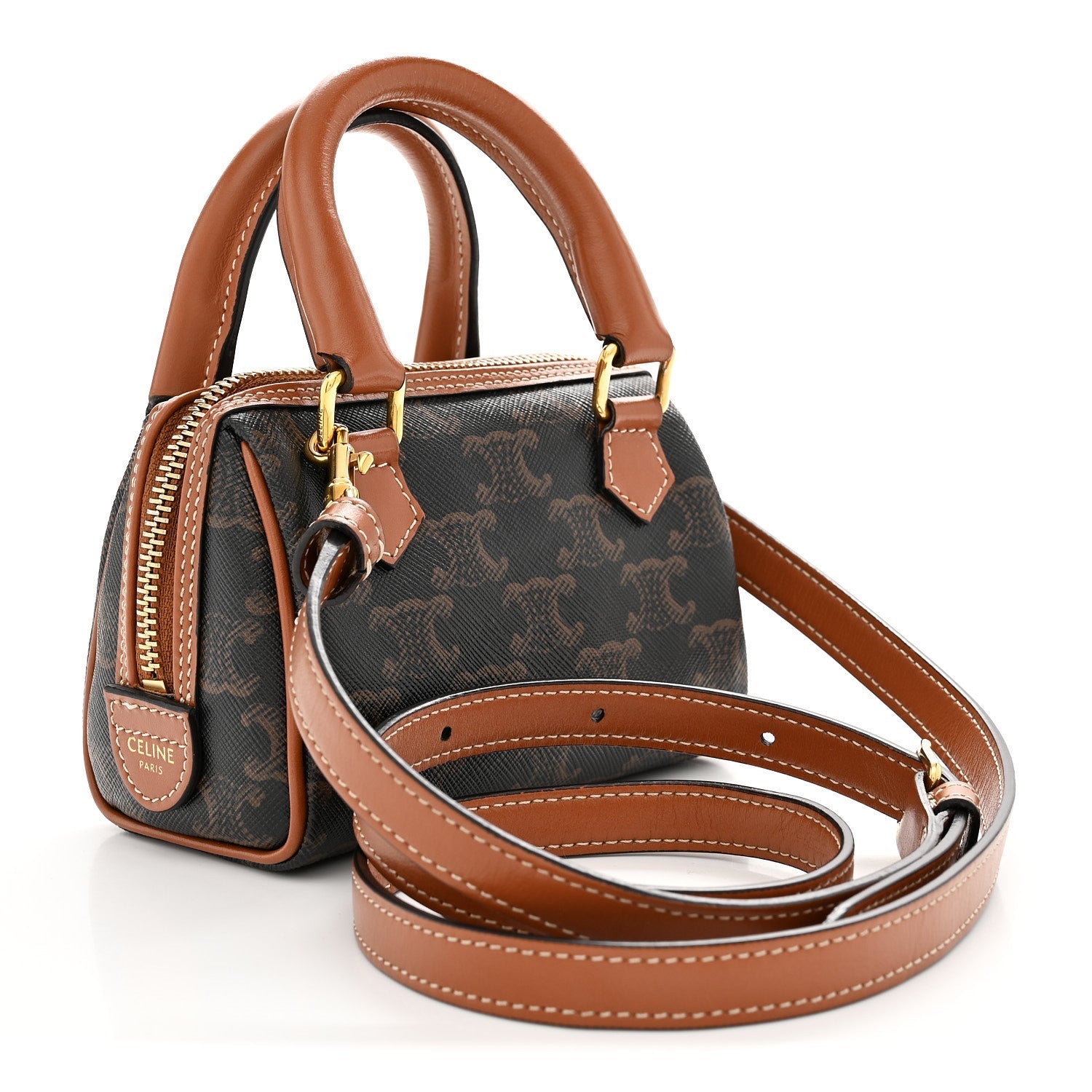 Triomphe Canvas Calfskin Mini Boston Bag Tan