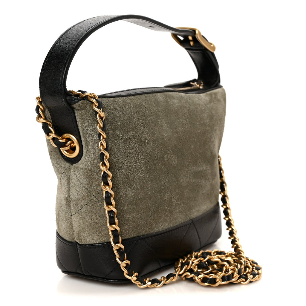 Suede Calfskin Shiny Lambskin Quilted Coco Base Hobo Clutch With Chain Khaki Black