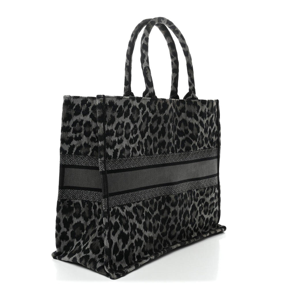 Canvas Mizza Embroidered Large Leopard Book Tote Grey
