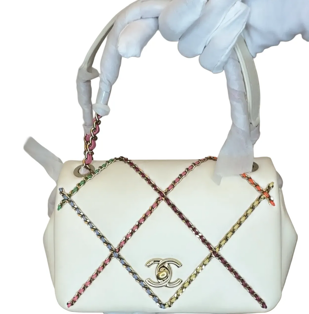 CHANEL Lambskin Small Entwined Chain Flap White Multicolor B22-46
