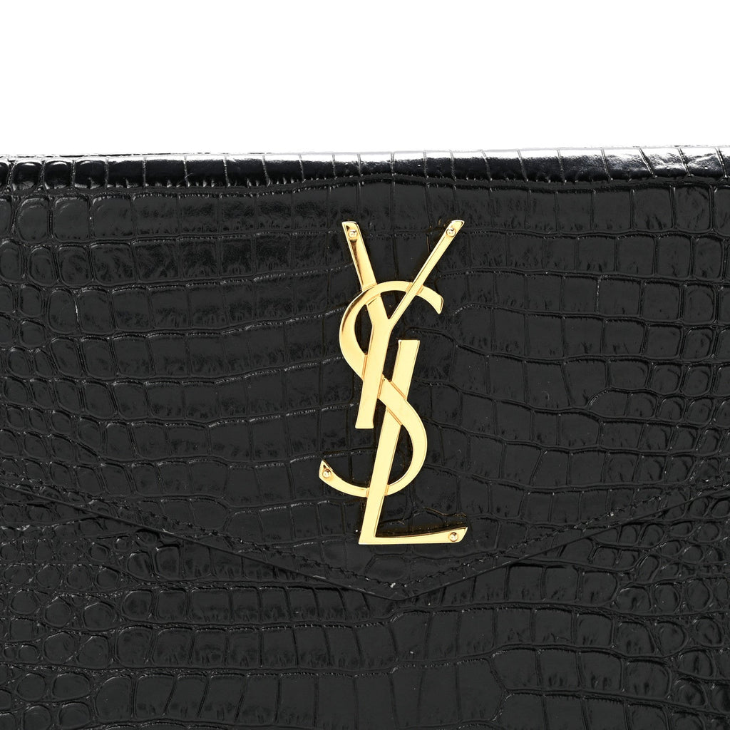 Calfskin Crocodile Embossed Uptown Monogram Clutch Black