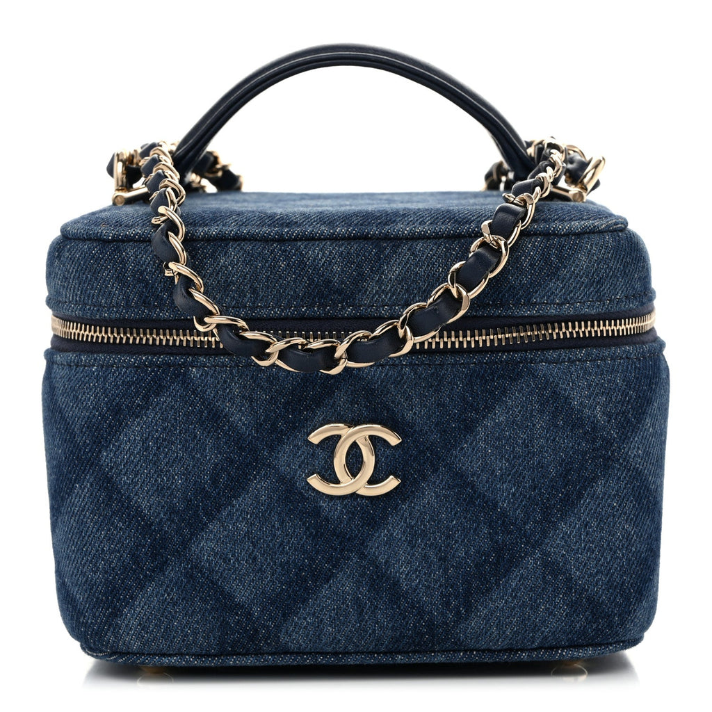Printed Denim Quilted Mini Top Handle Vanity Case With Chain Dark Blue