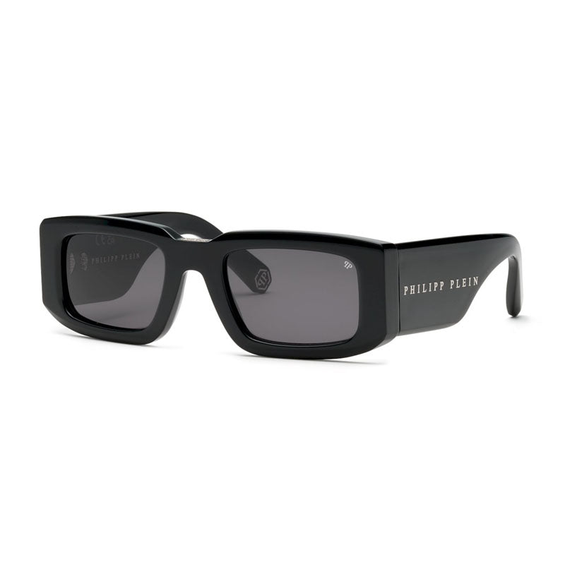 Philipp Plein Sunglasses Rectangle Full Rim, Shiny Black Frame and Smoke Lens SPP149V0700