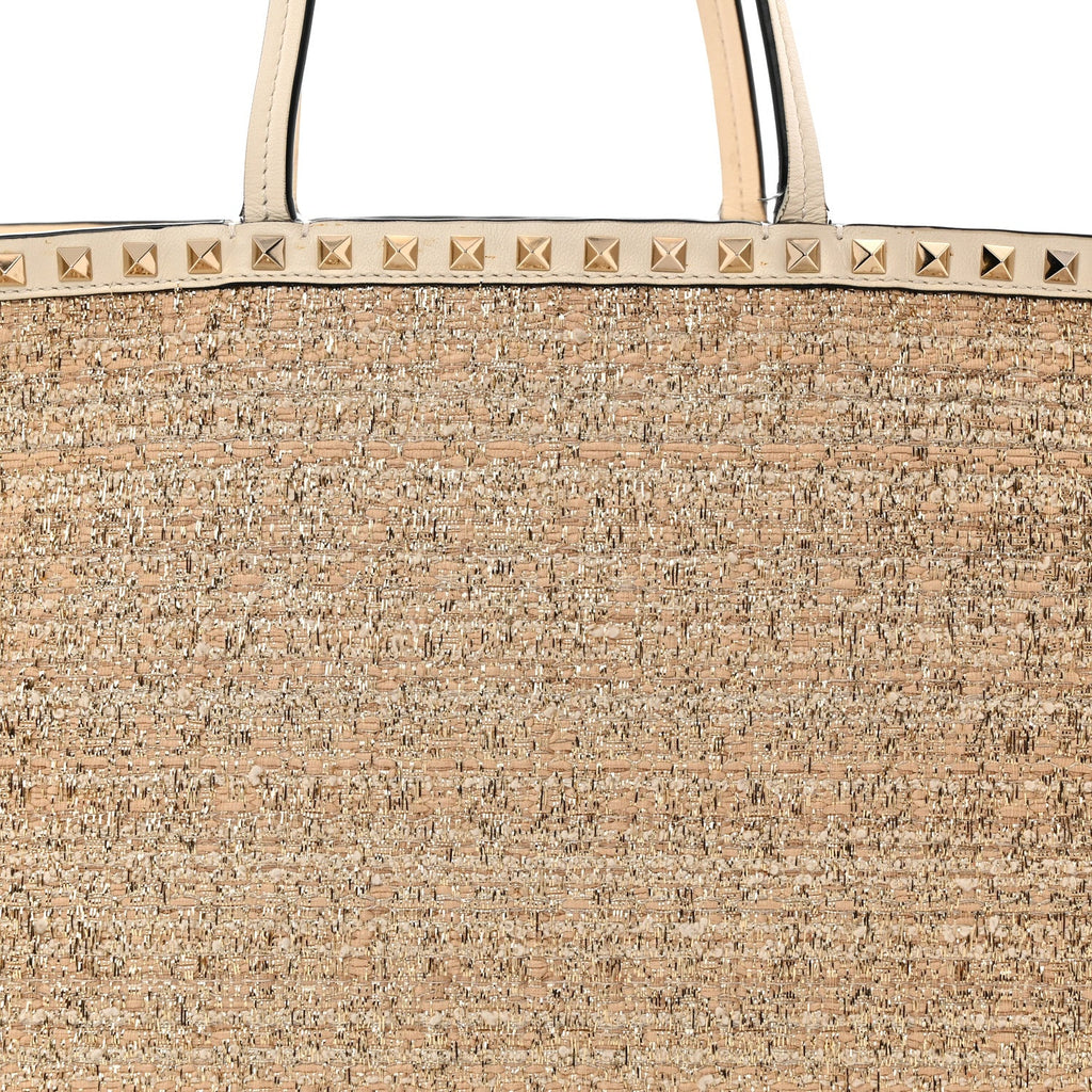 Metallic Boucle Raffia Calfskin Rockstud Shoulder Tote White Gold Ivory