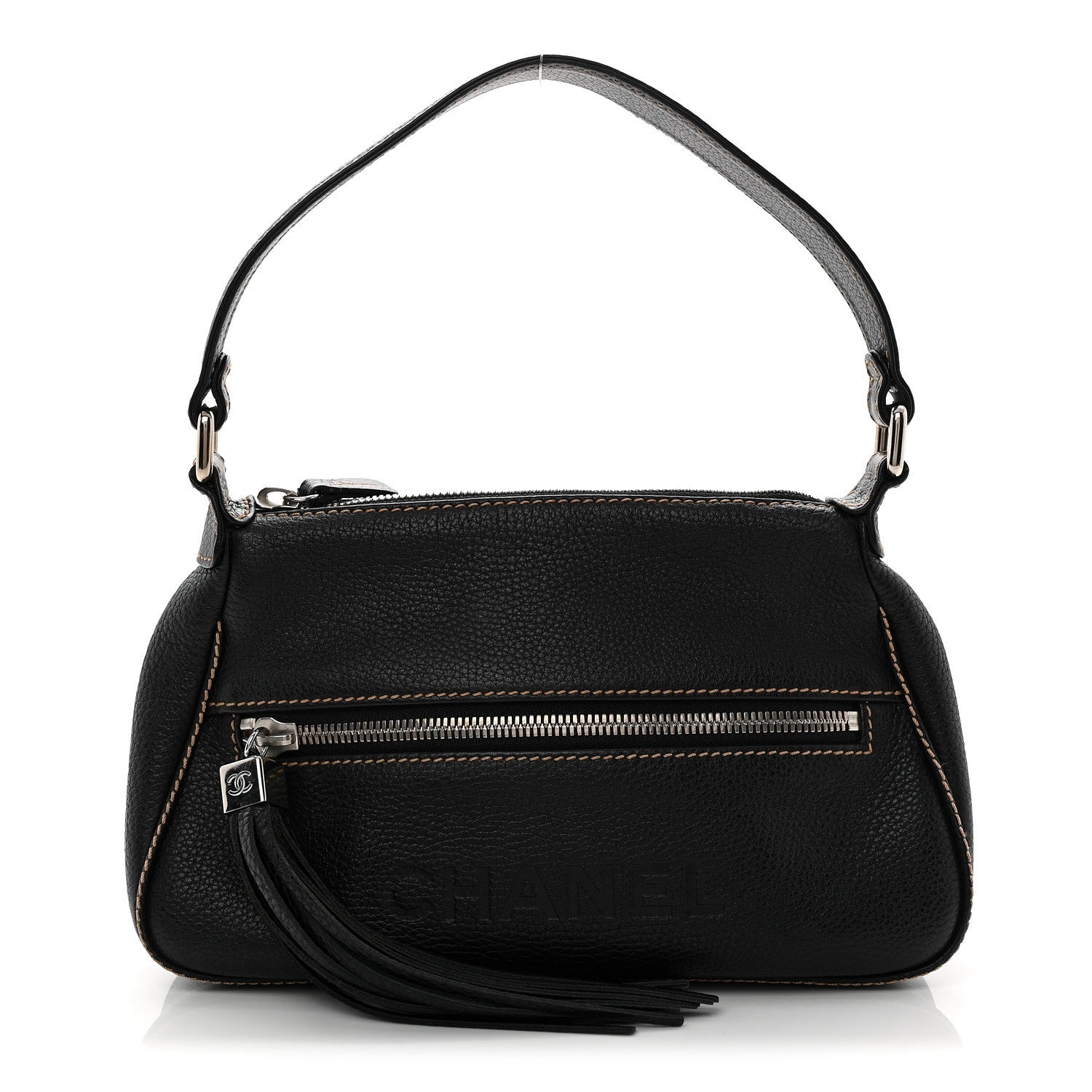 Grained Calfskin Tassel Shoulder Bag Black