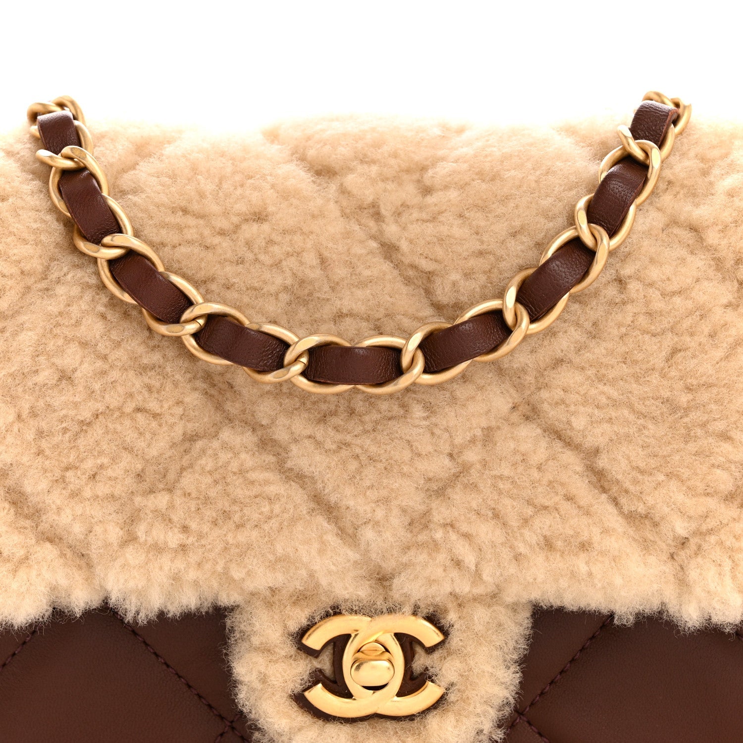 Shearling Lambskin Quilted Mini Furry Coco Flap Beige Dark Brown