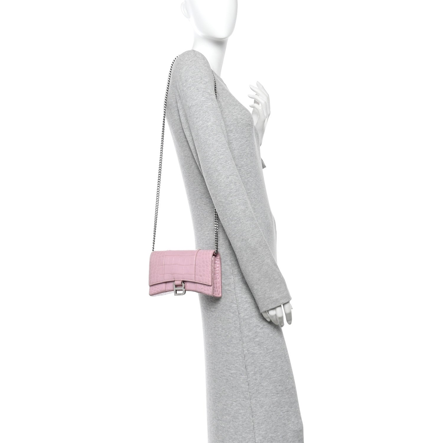 Shiny Calfskin Crocodile Embossed Hourglass Chain Bag Powder Pink