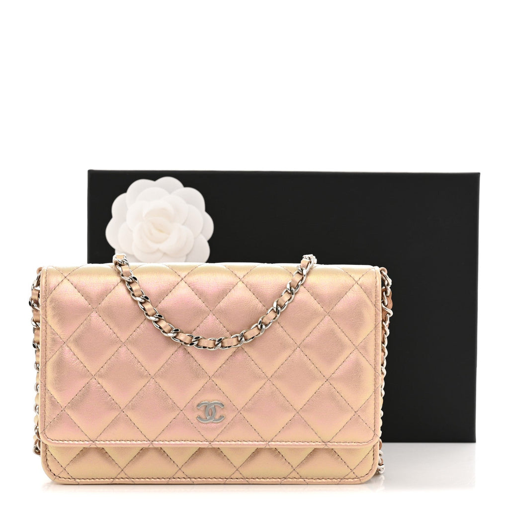 Iridescent Calfskin Quilted Wallet On Chain WOC Pink