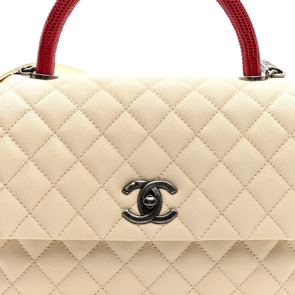 Caviar Lizard Quilted Medium Coco Handle Flap White
