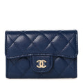 Caviar Quilted Flap Card Holder Wallet Navy Blue
