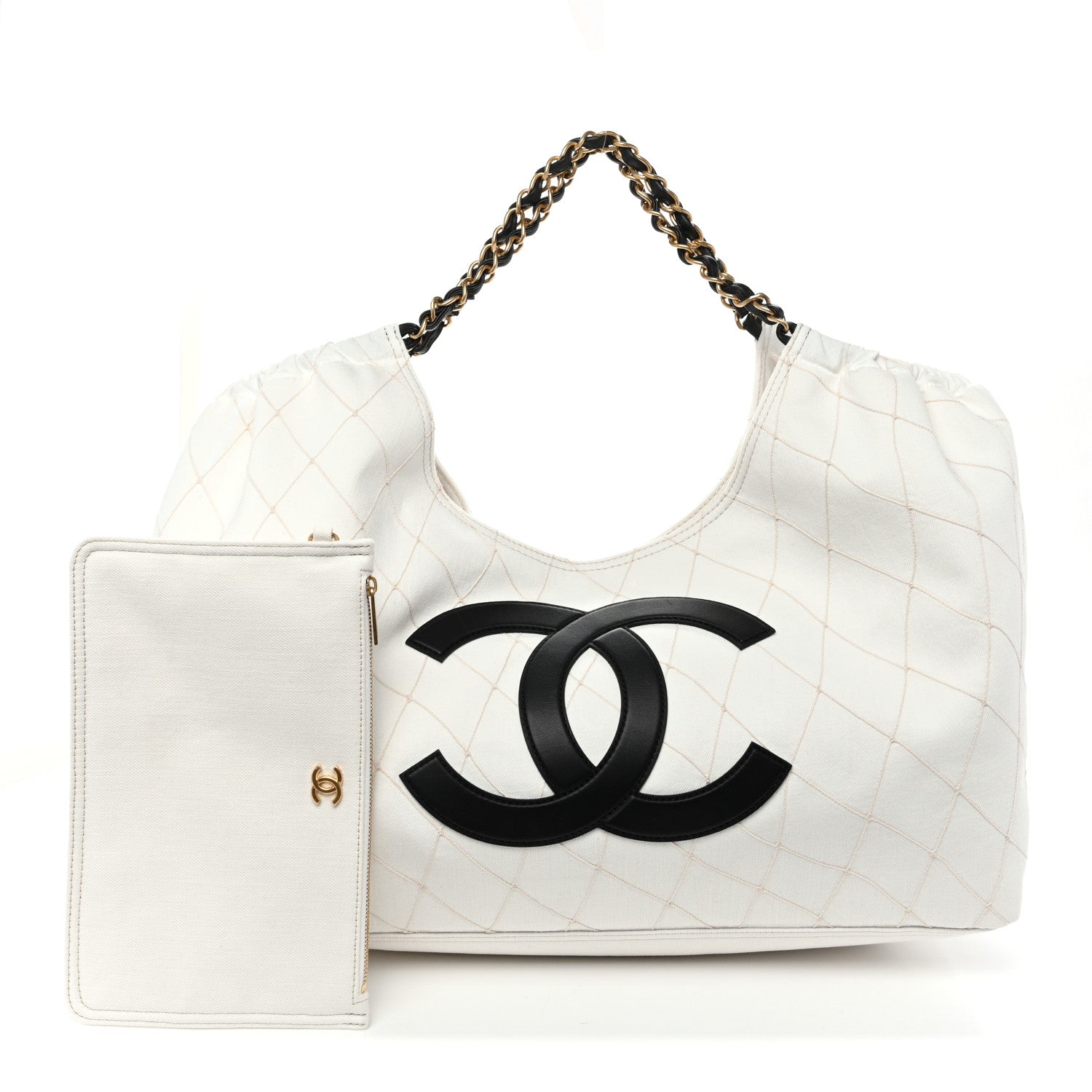 Denim Calfskin Quilted Coco Beach Small Shopping Tote White Black
