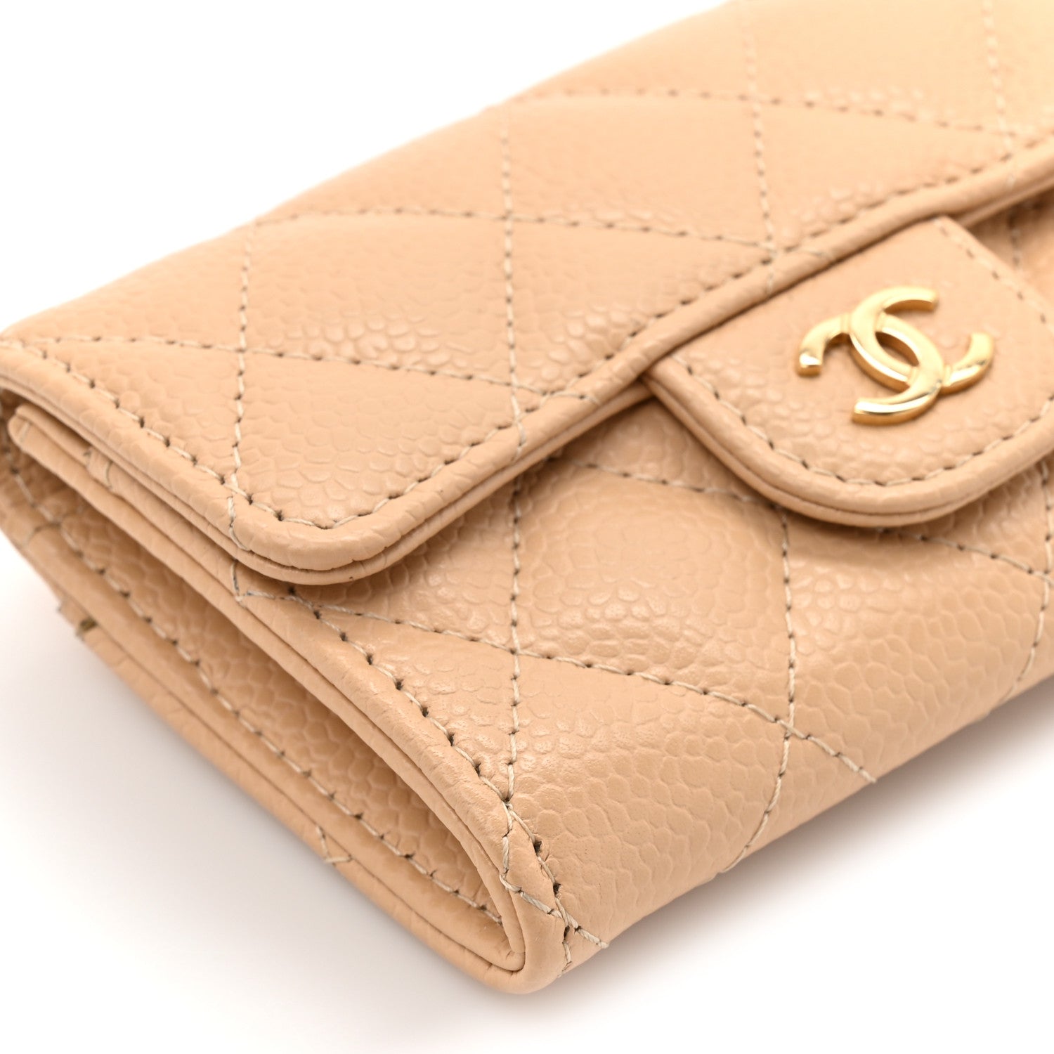 Caviar Quilted Flap Card Holder Wallet Beige