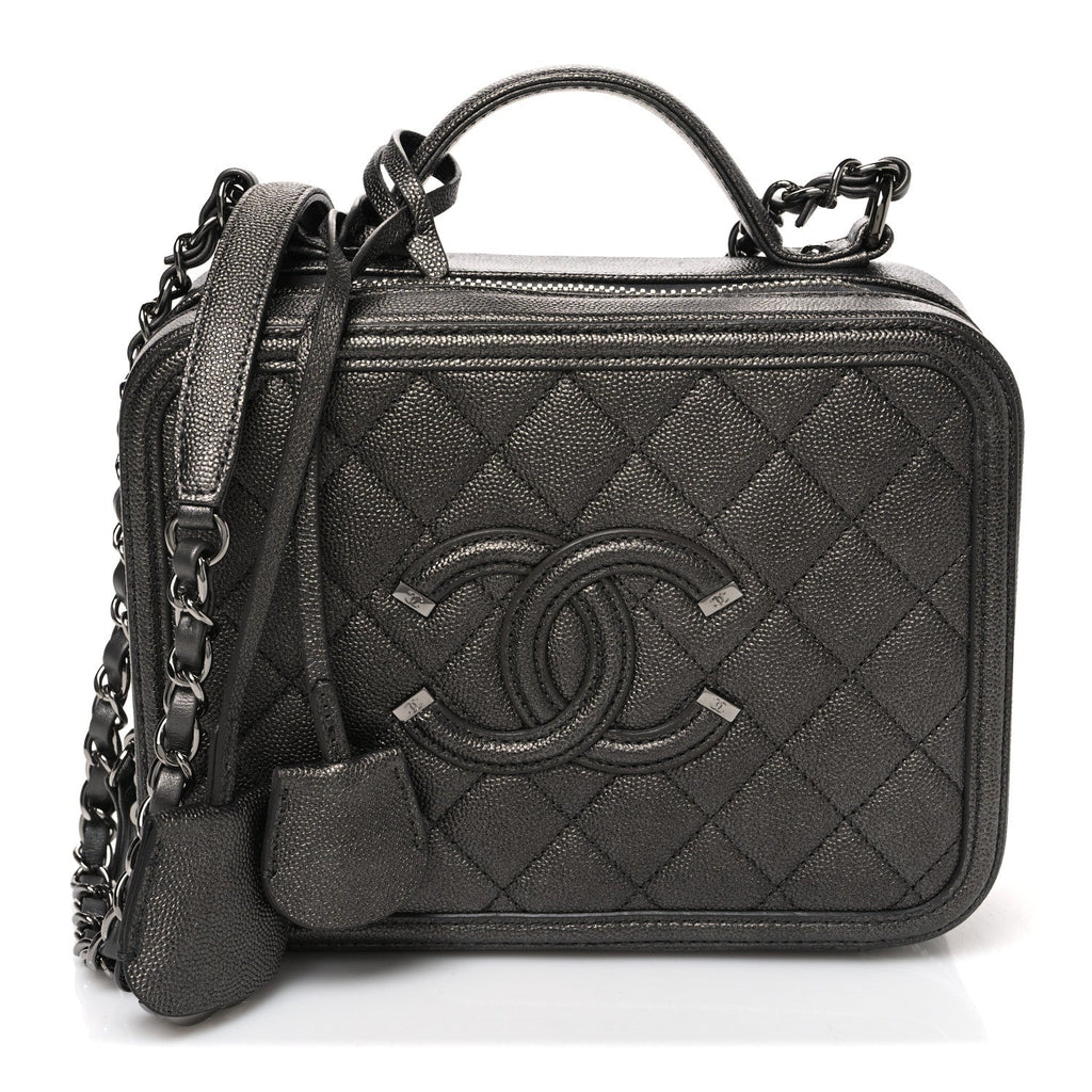Metallic Caviar Quilted Medium CC Filigree Vanity Case Dark Silver