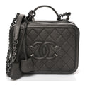Metallic Caviar Quilted Medium CC Filigree Vanity Case Dark Silver