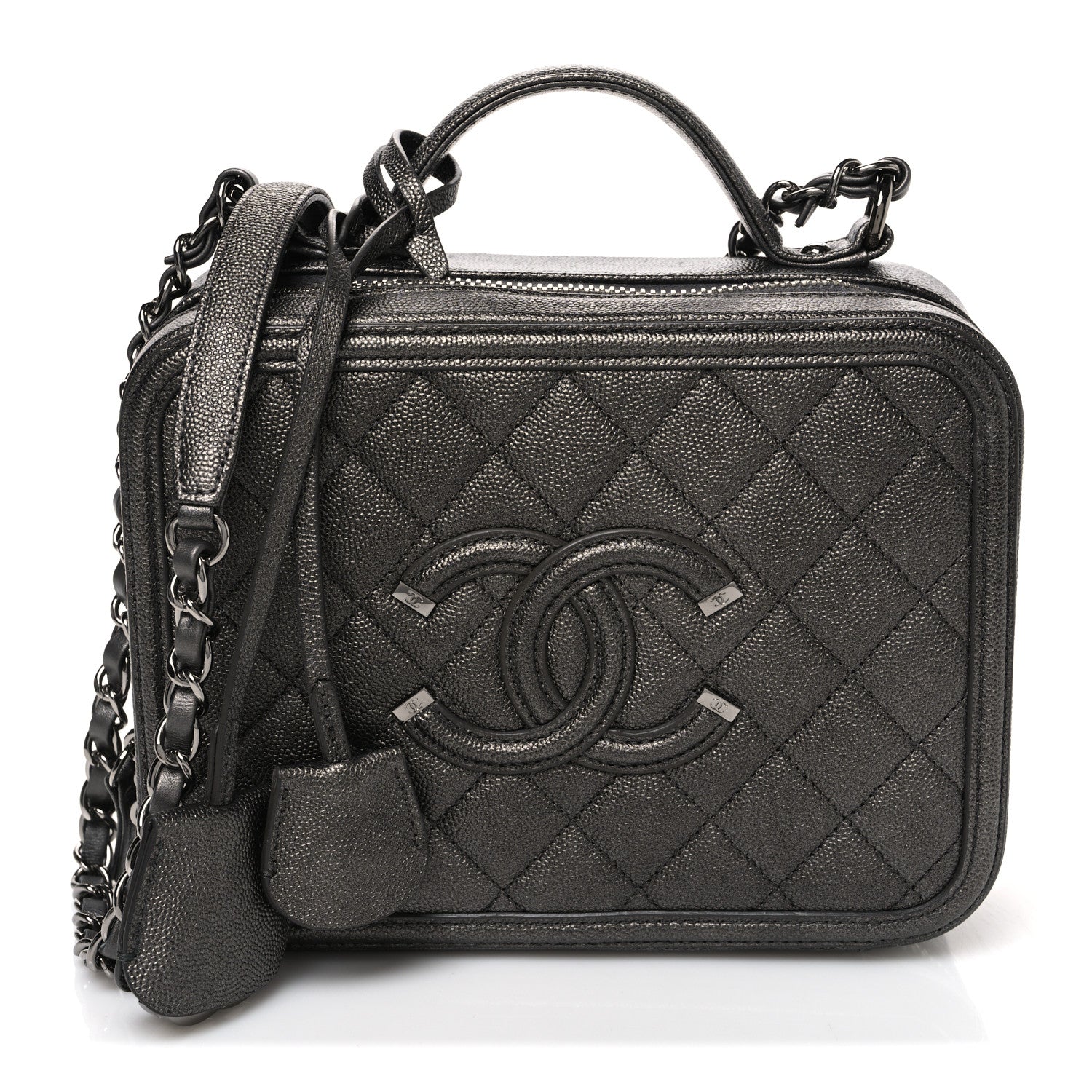 Metallic Caviar Quilted Medium CC Filigree Vanity Case Dark Silver