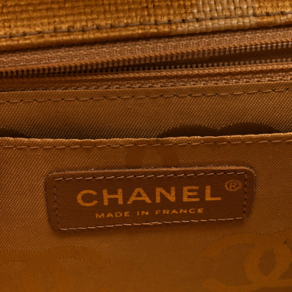 Woven Straw Camellia Print Medium Single Flap Gold