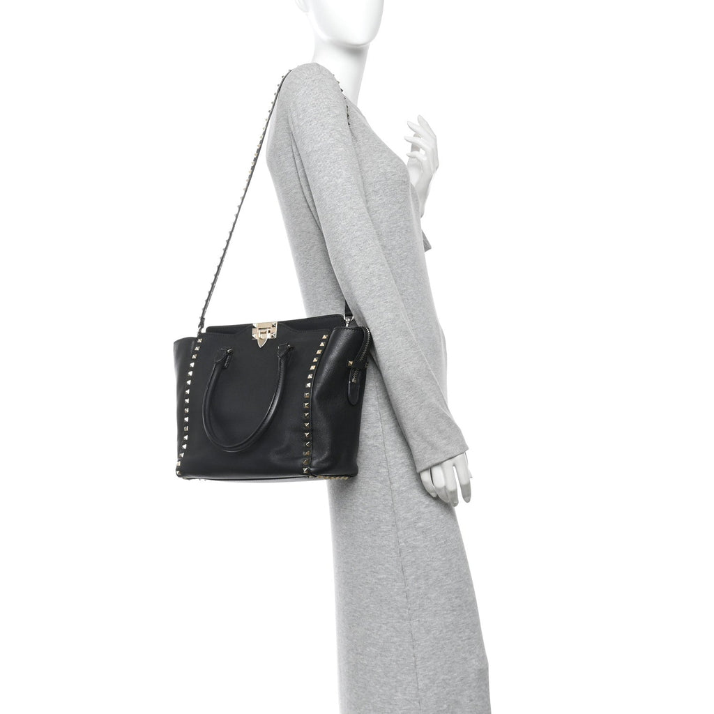 Vitello Rockstud Double Handle Tote Black