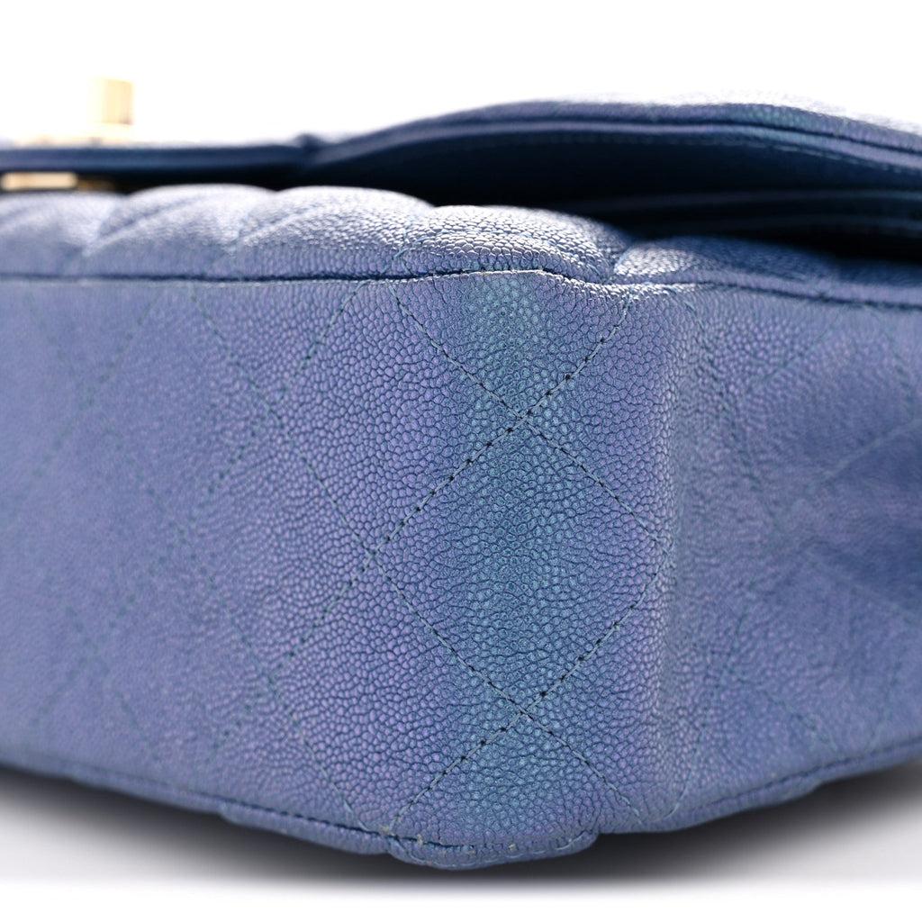 Iridescent Caviar Quilted Medium Double Flap Dark Blue