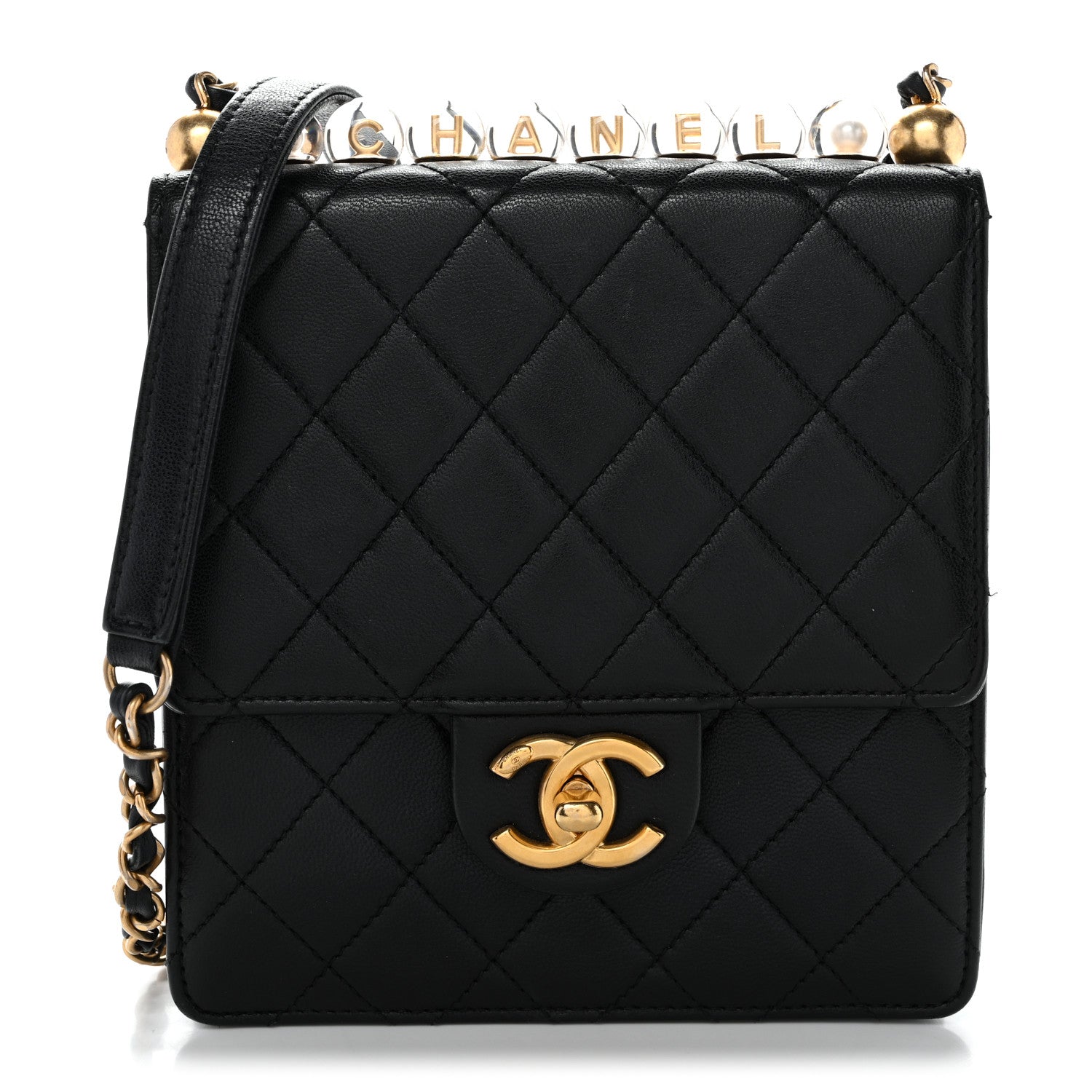 Goatskin Quilted Chic Pearls Flap Black