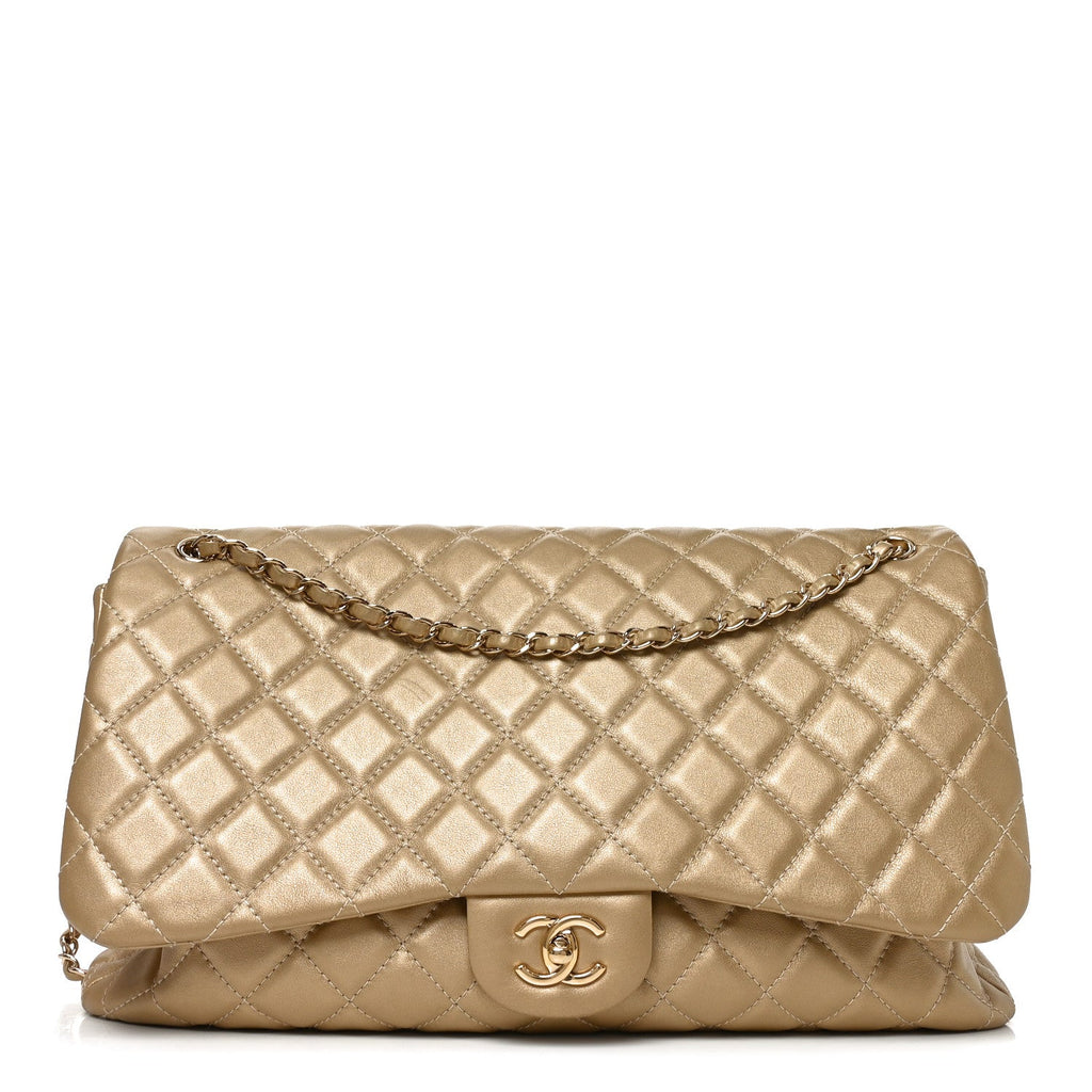 Metallic Calfskin Quilted Small XXL Travel Flap Bag Gold
