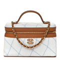 Washed Denim Calfskin Quilted Top Handle Slim Vanity Case With Chain Blue Brown Blue Brown