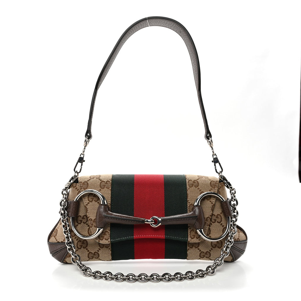 Monogram Textured Dollar Calfskin Heavy Grosgrain Web Small Maxi Horsebit Chain Shoulder Bag Beige Ebony New Acero