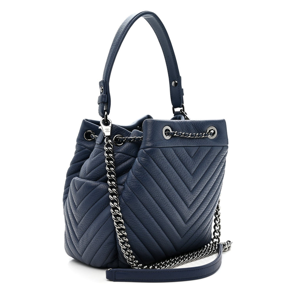 Deerskin Chevron Small CC Chain Bucket Bag Navy Blue
