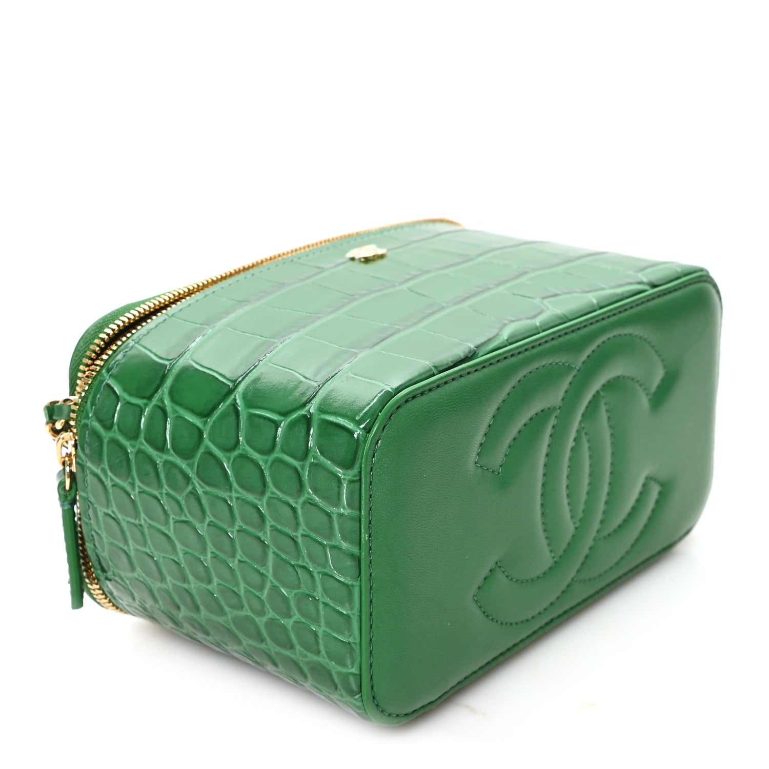 Calfskin Crocodile Embossed Exoticoco Small Top Handle Vanity Case With Chain Black Emerald