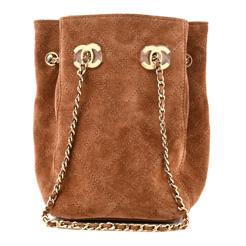 Suede Quilted Bucket Bag With Chain Camel