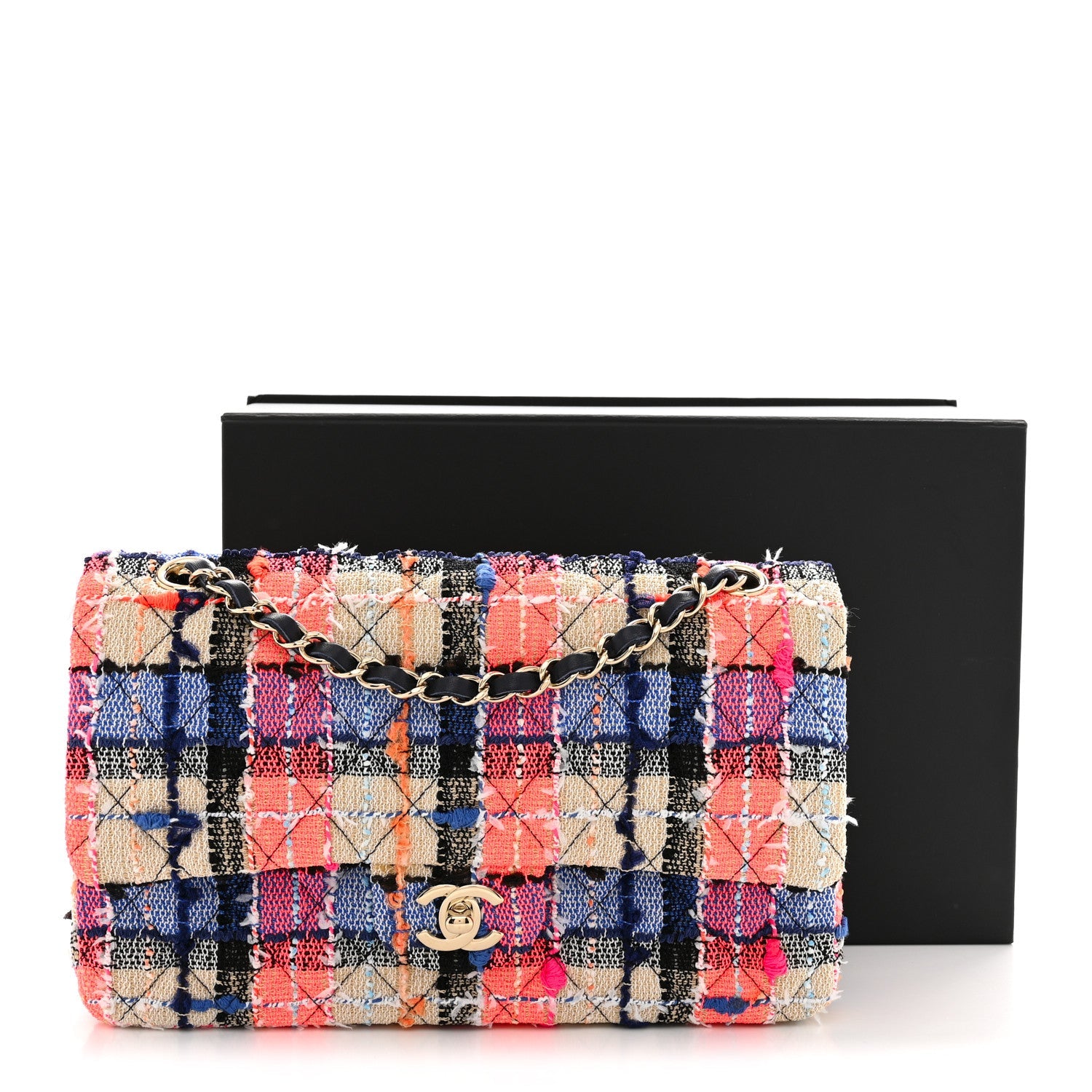 Tweed Quilted Medium Double Flap Blue Orange Yellow