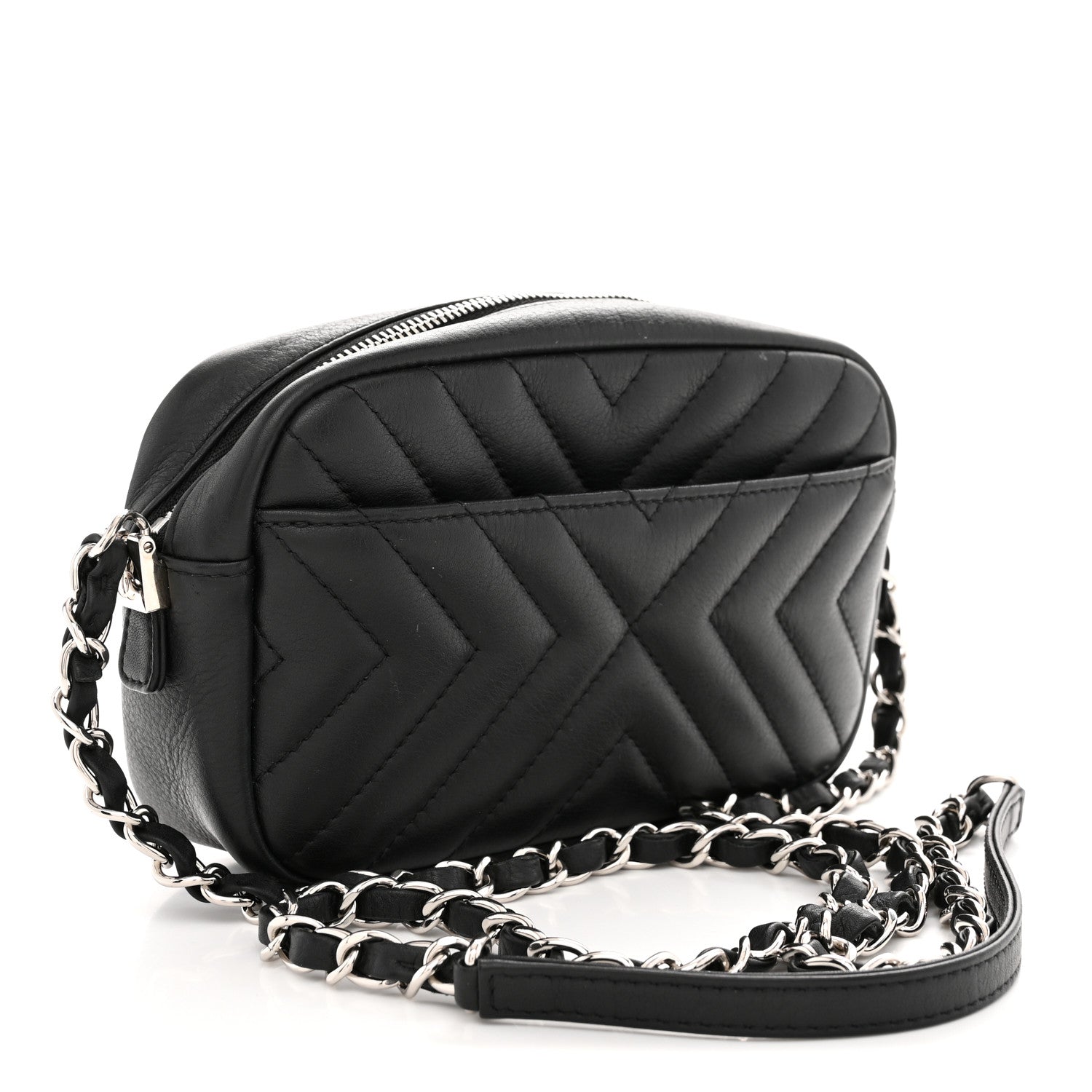 Calfskin Diagonal Chevron Quilted Tassel Camera Case Black