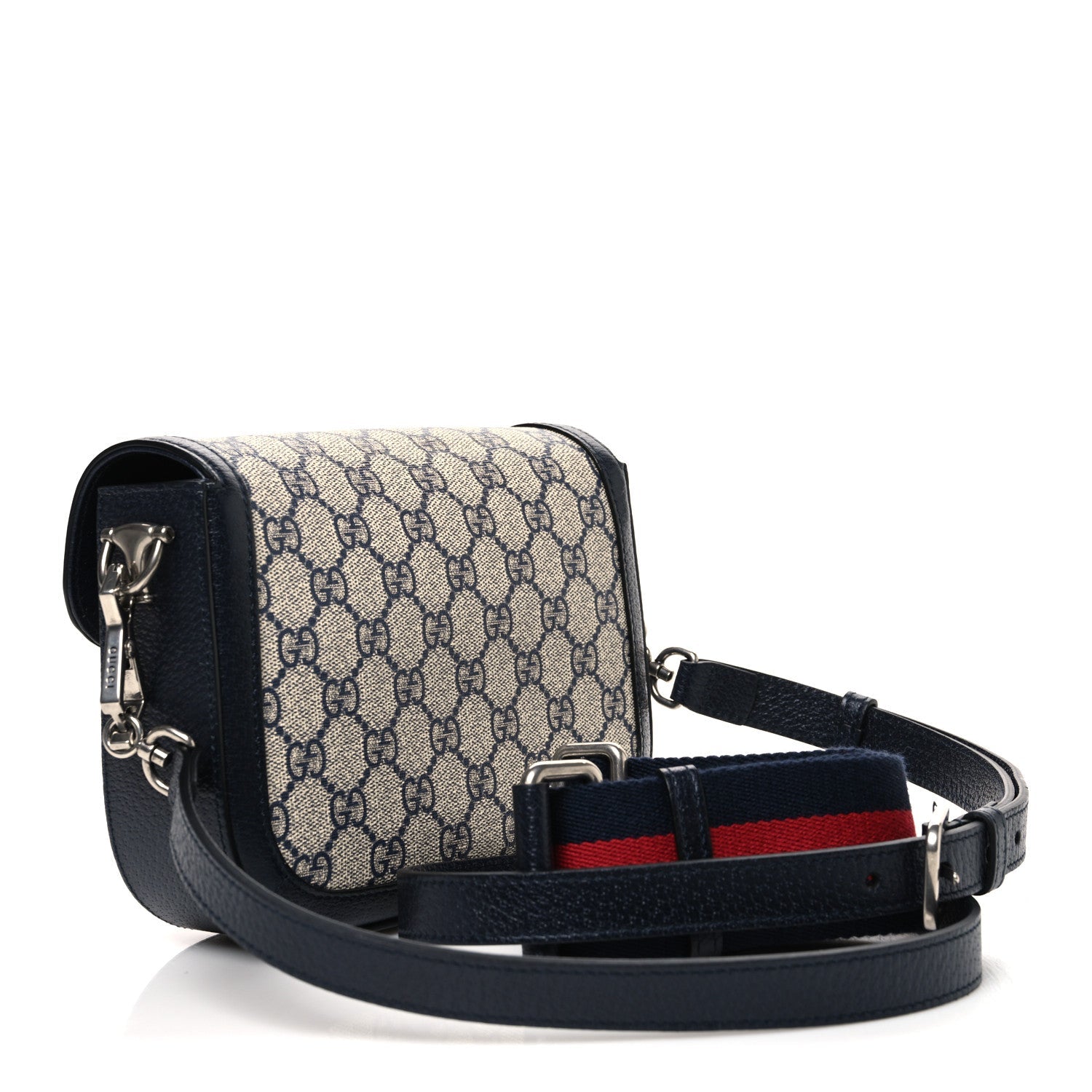 GG Supreme Monogram Textured Dollar Calfskin Web Mini Horsebit 1955 Shoulder Bag Beige Blue