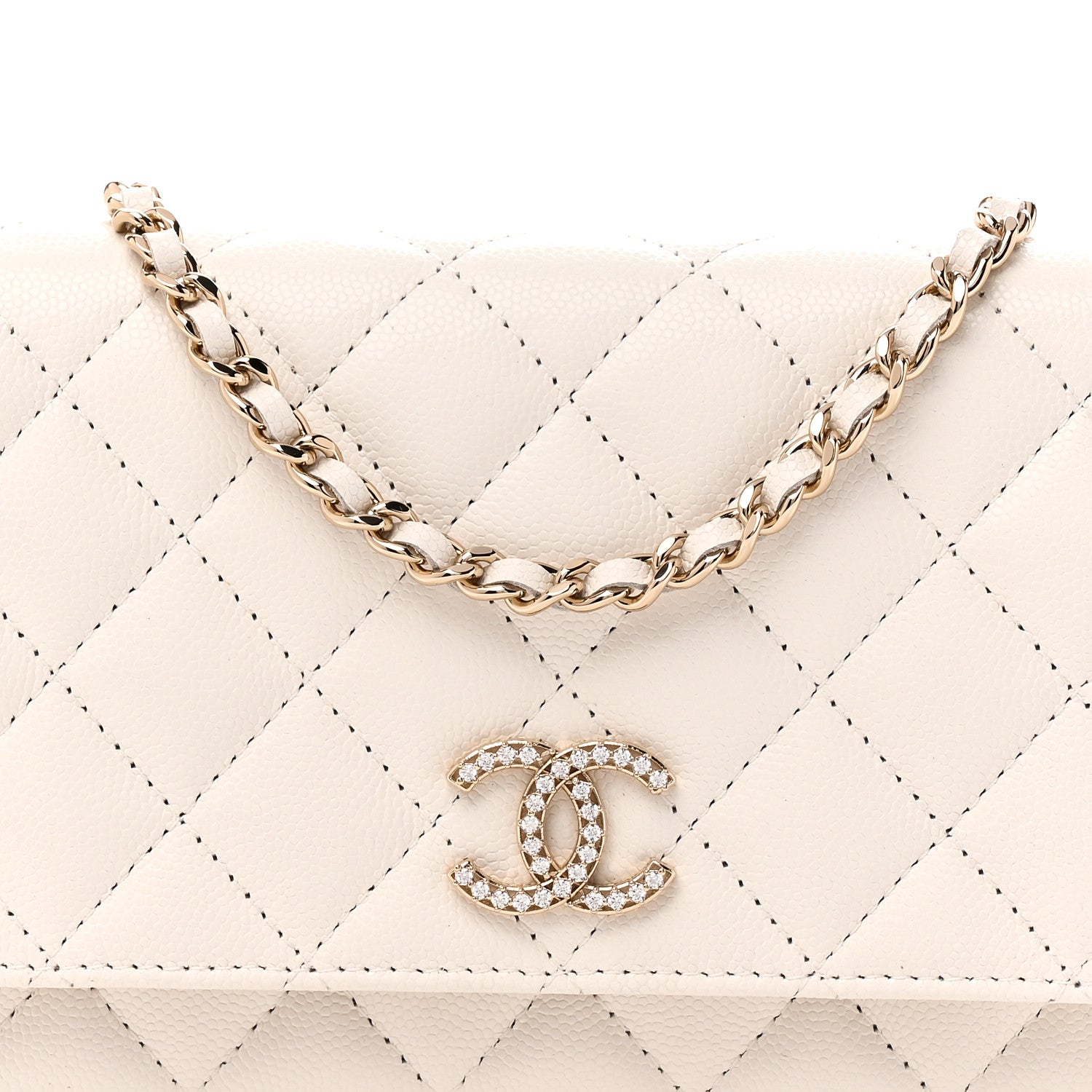 Caviar Quilted Crystal CC Wallet On Chain WOC White