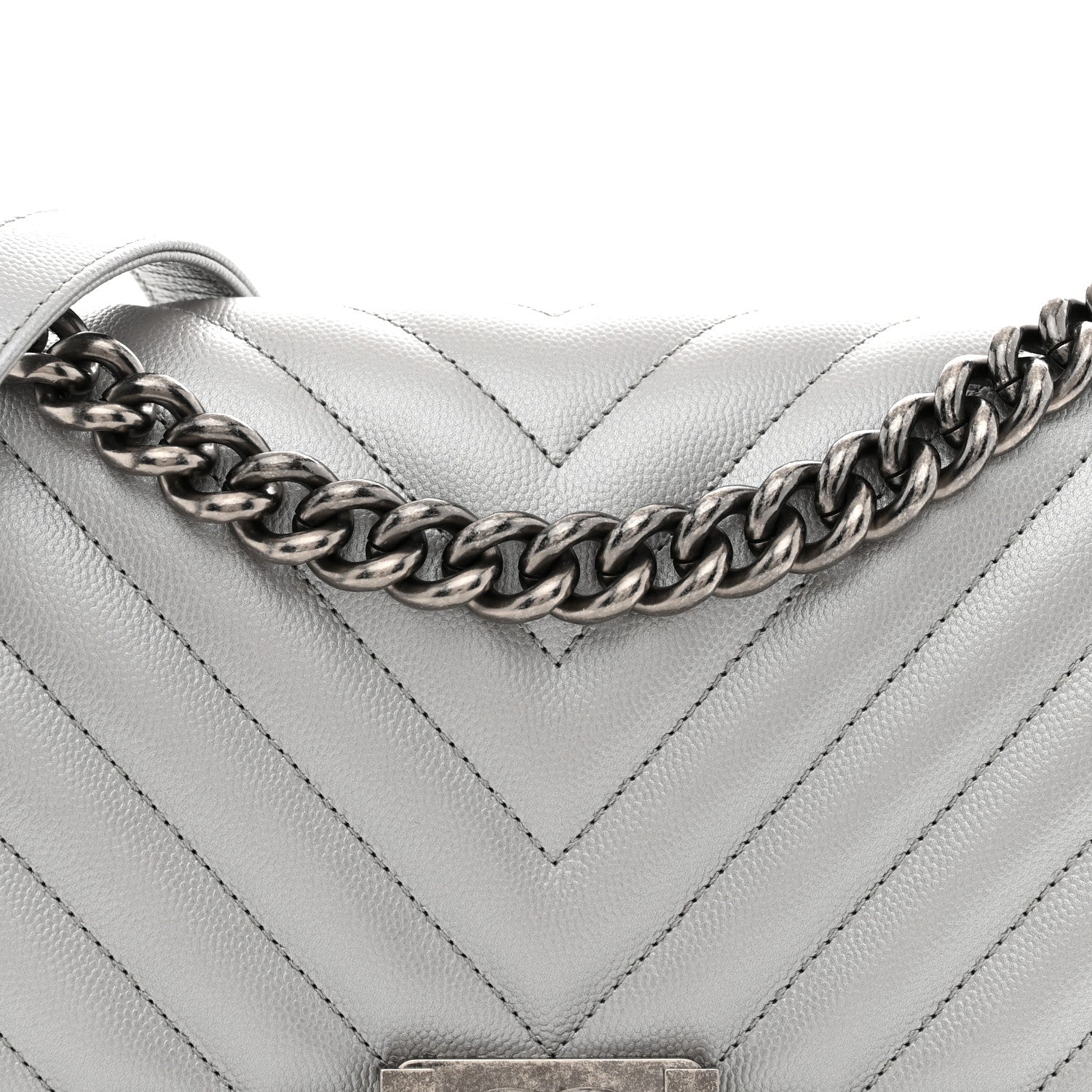 Metallic Caviar Chevron Quilted Medium Boy Flap Silver
