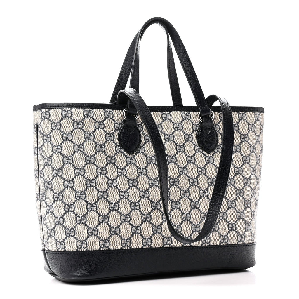 GG Supreme Monogram Textured Dollar Calfskin Medium Shoulder Tote Bag Beige Blue