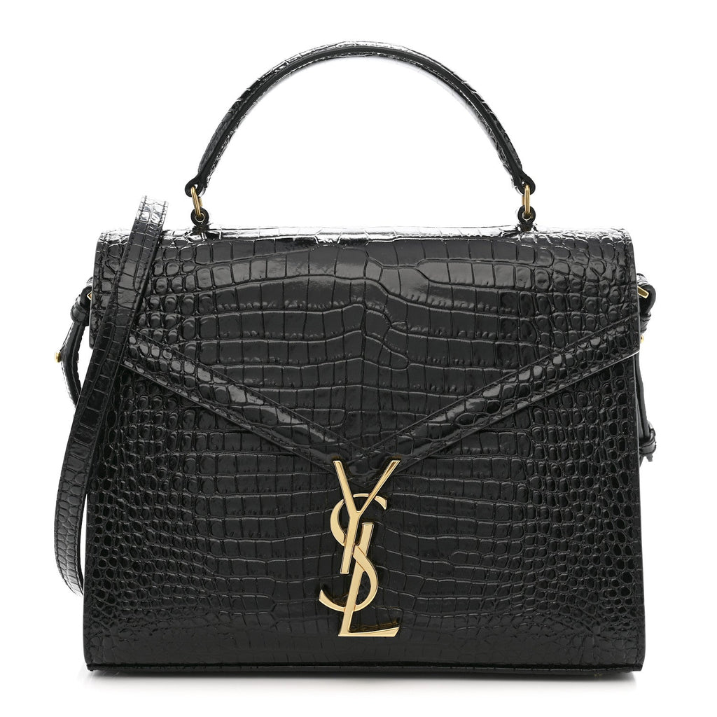 Calfskin Crocodile Embossed Medium Classic Monogram Cassandra Top Handle Black