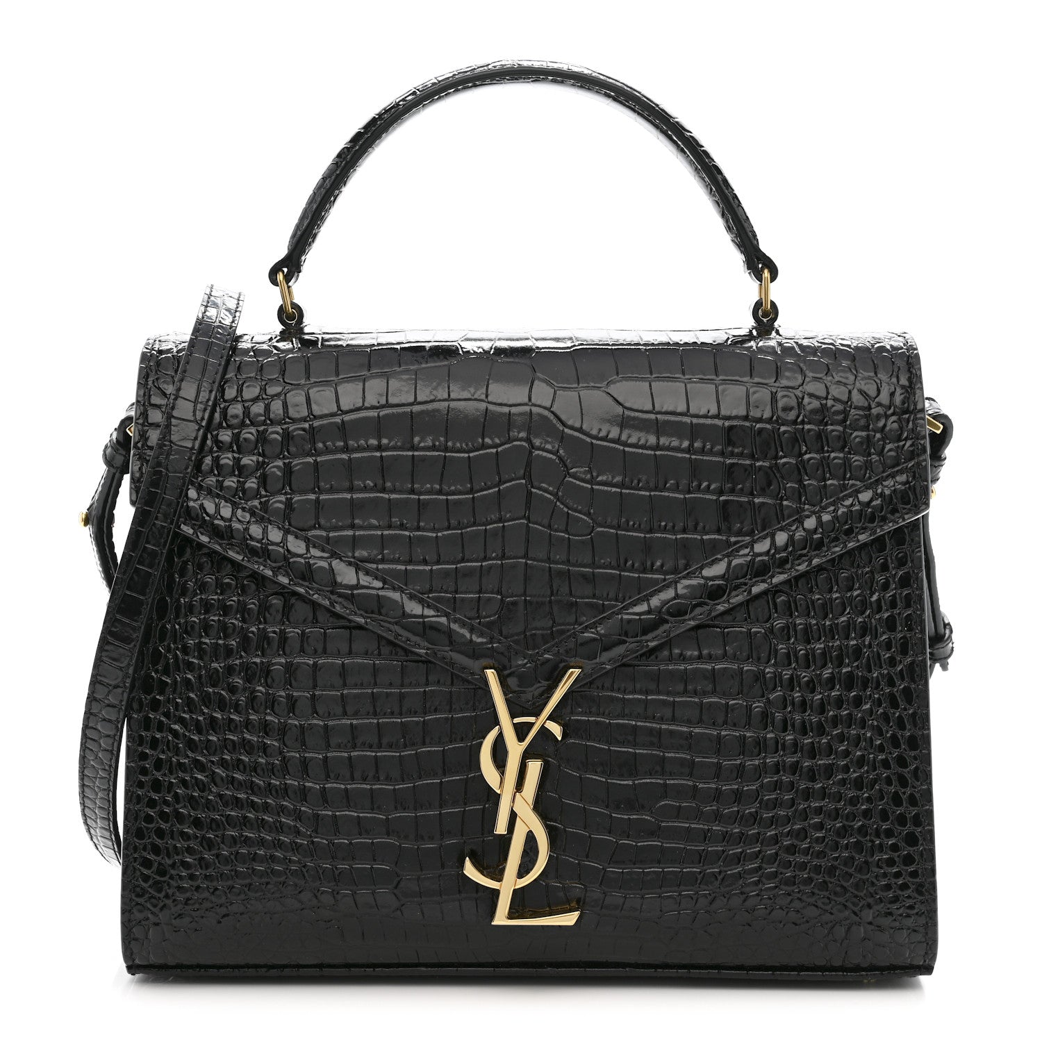 Calfskin Crocodile Embossed Medium Classic Monogram Cassandra Top Handle Black