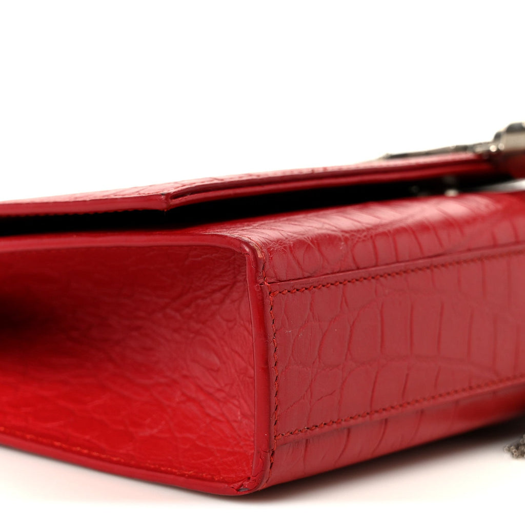 Calfskin Crocodile Embossed Medium Classic Monogram Kate Tassel Satchel New Red