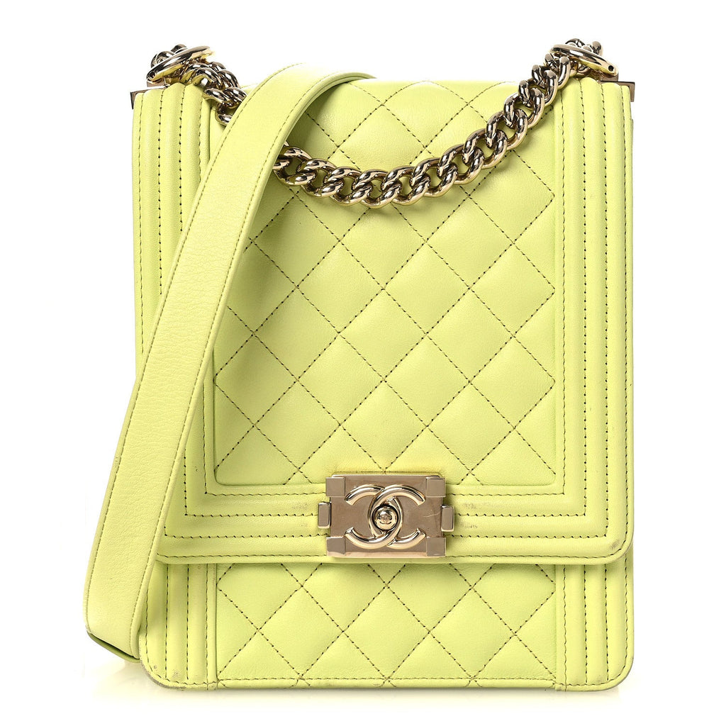 Calfskin Quilted North South Boy Flap Light Green