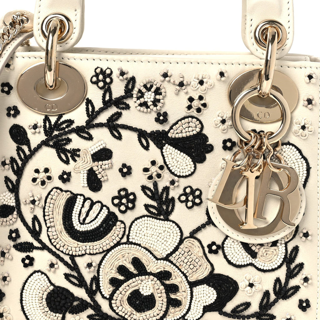 Smooth Calfskin Embroidered Beaded Floral Mini Lady Dior White Multicolor