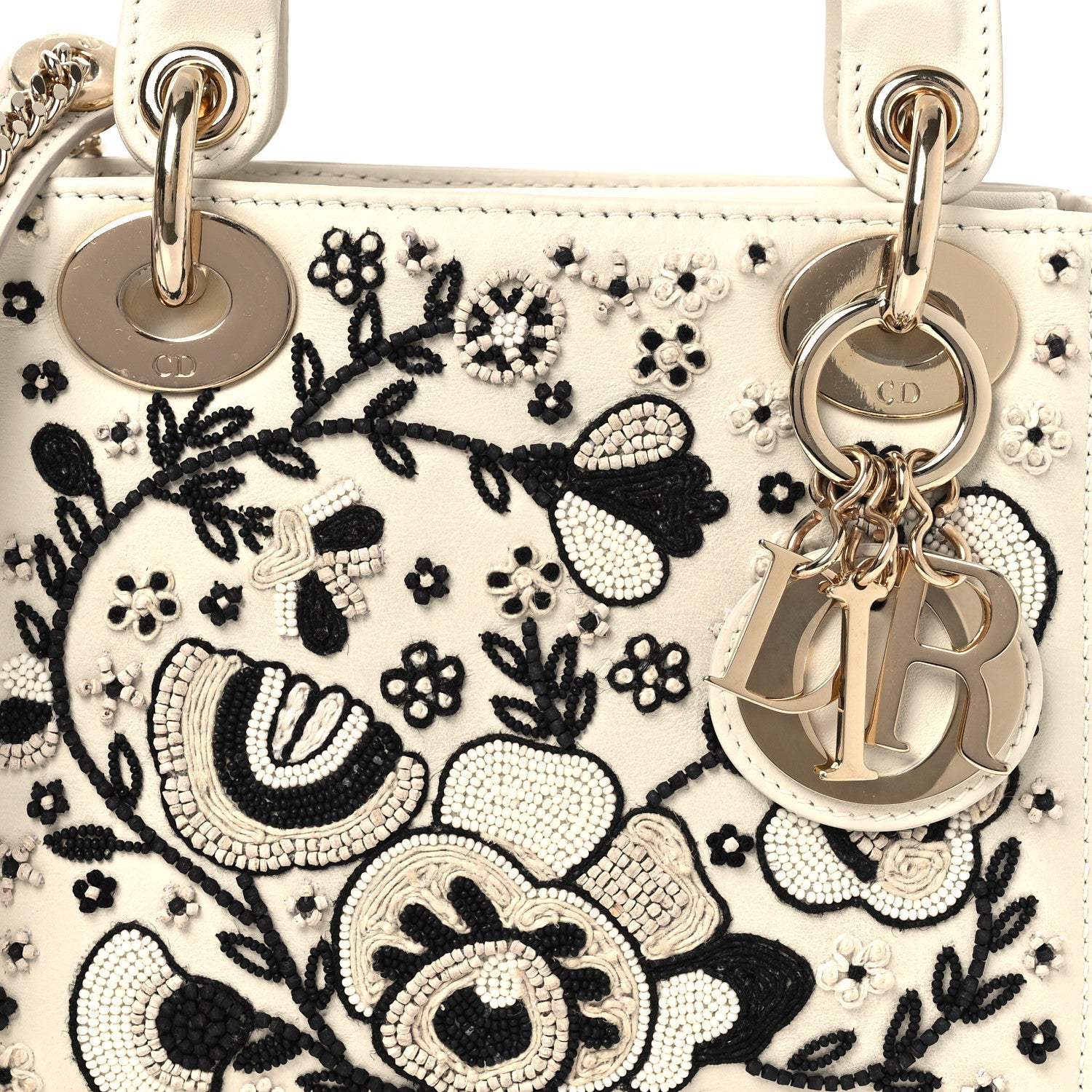 Smooth Calfskin Embroidered Beaded Floral Mini Lady Dior White Multicolor