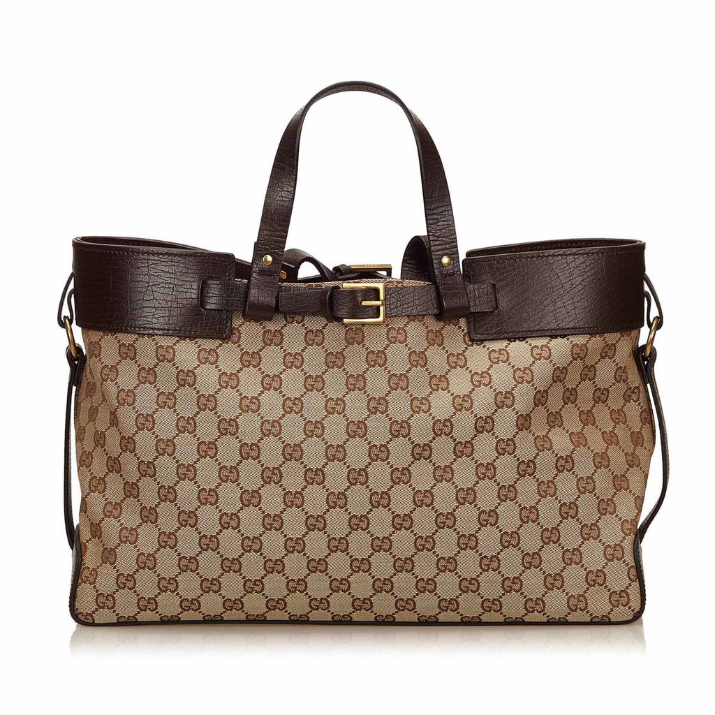 Gucci Monogram Canvas Double Buckle Tote Bag