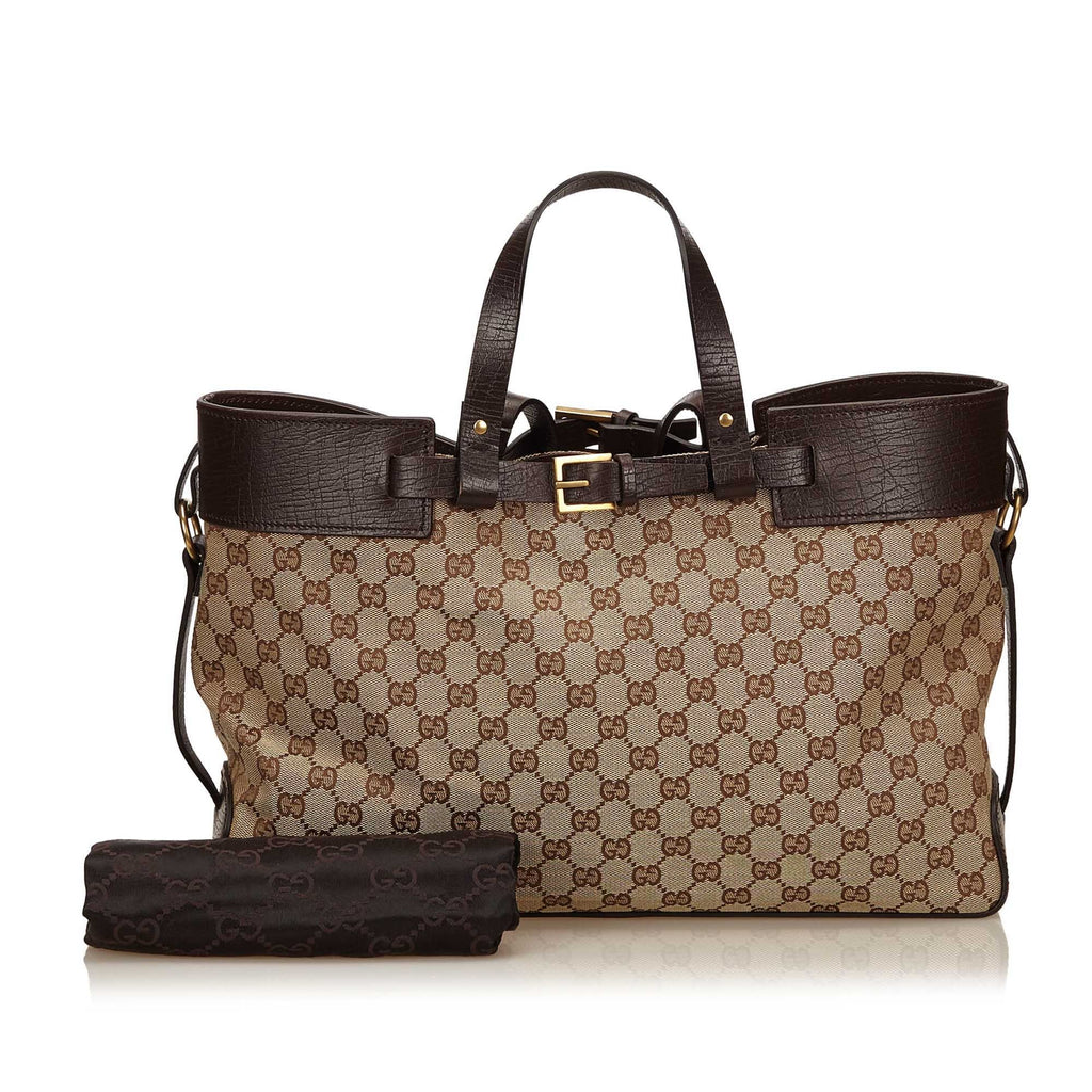 Gucci Monogram Canvas Double Buckle Tote Bag