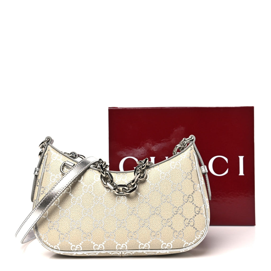 GG Supreme Monogram Metallic Calfskin Small Emblem Shoulder Bag Beige Silver